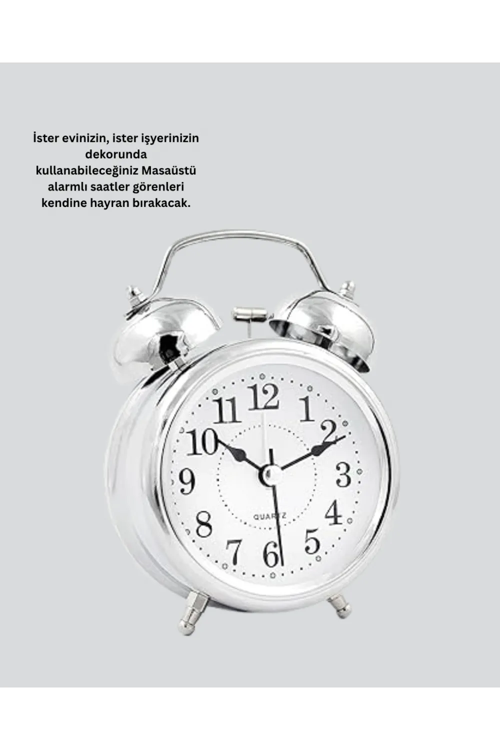 Gümüş Renkli Sessiz Işıklı Dekoratif Masa Üstü Çalar Saat Alarmlı