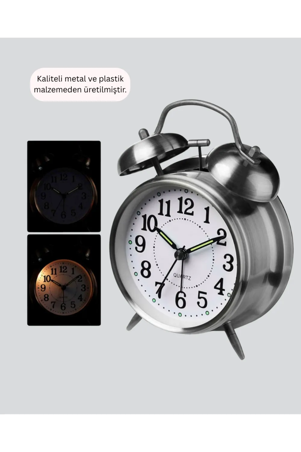Gümüş Renkli Sessiz Işıklı Dekoratif Masa Üstü Çalar Saat Alarmlı