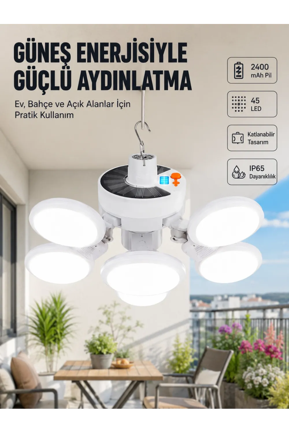 Güneş Enerjili Katlanabilir 5 Kanatlı Solar Bahçe Lambası