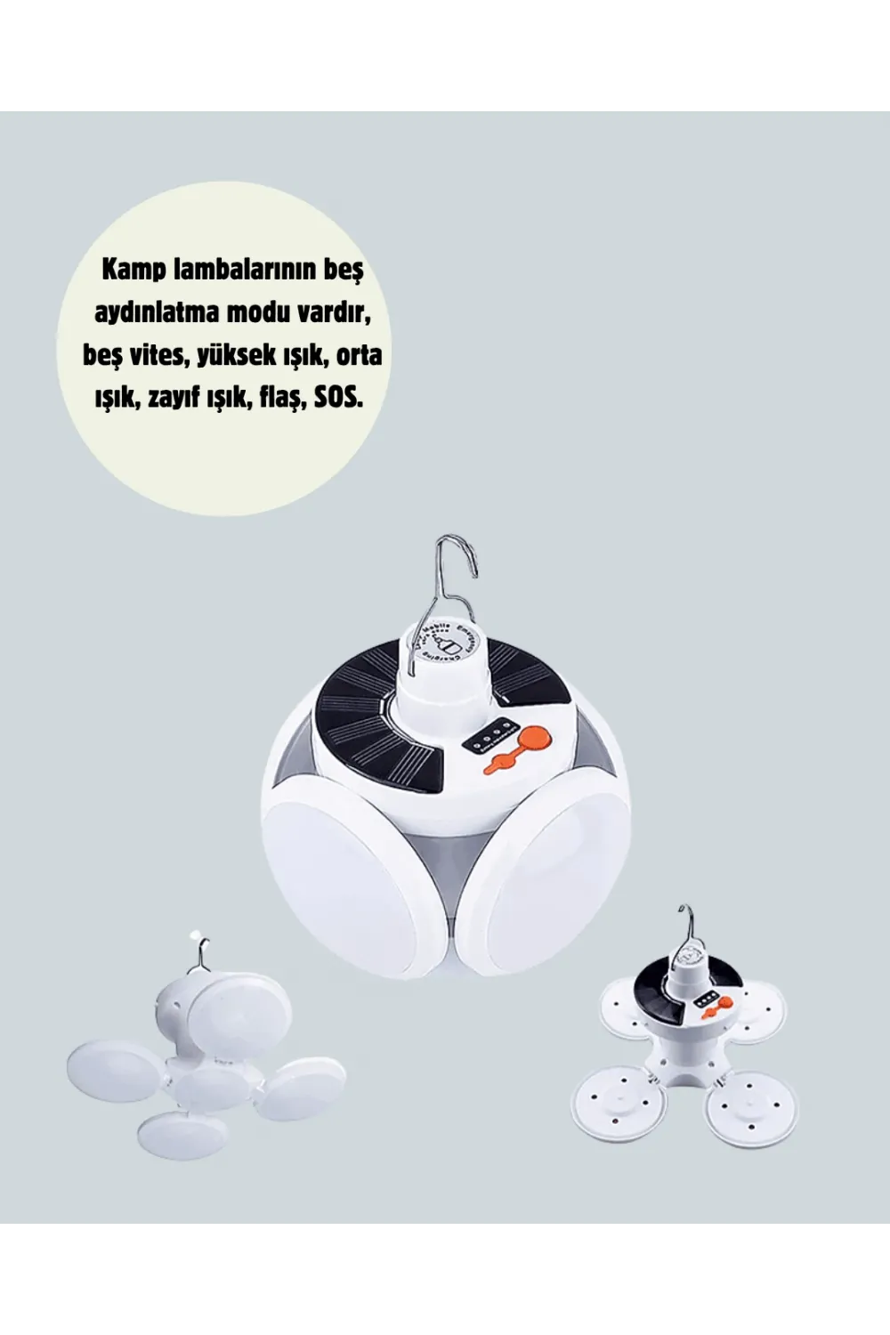 Güneş Paneliyle Şarj Olan Katlanabilir Led Çadır Lambası – 5 Kademeli Aydınlatma