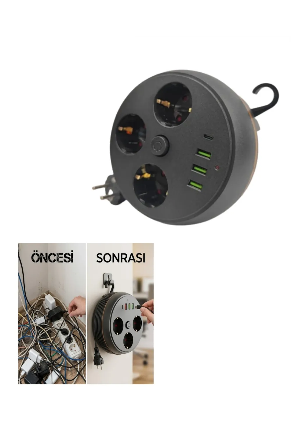 Güvenli Çoklu Priz 3 Priz 3 Usb 1 Type C Termal Koruma Uzun Kablo