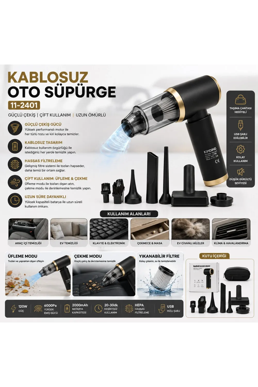 Handheld Vacuum Cleaner 2in1=çekme - Üfleme Oto - Araç - Ev El Tipi Süpürge Şarjlı Mini - Taşınabilir Kh-128