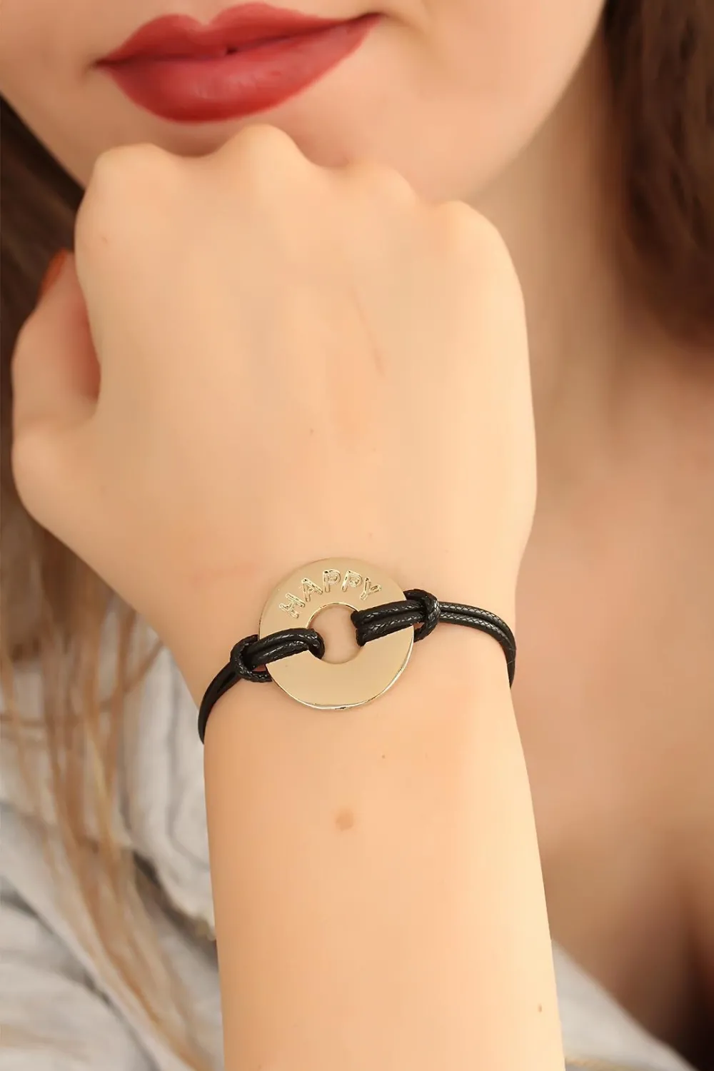 ietaks™ HAPPY (Mutlu) Siyah Deri İpli Unisex Mood Bileklik