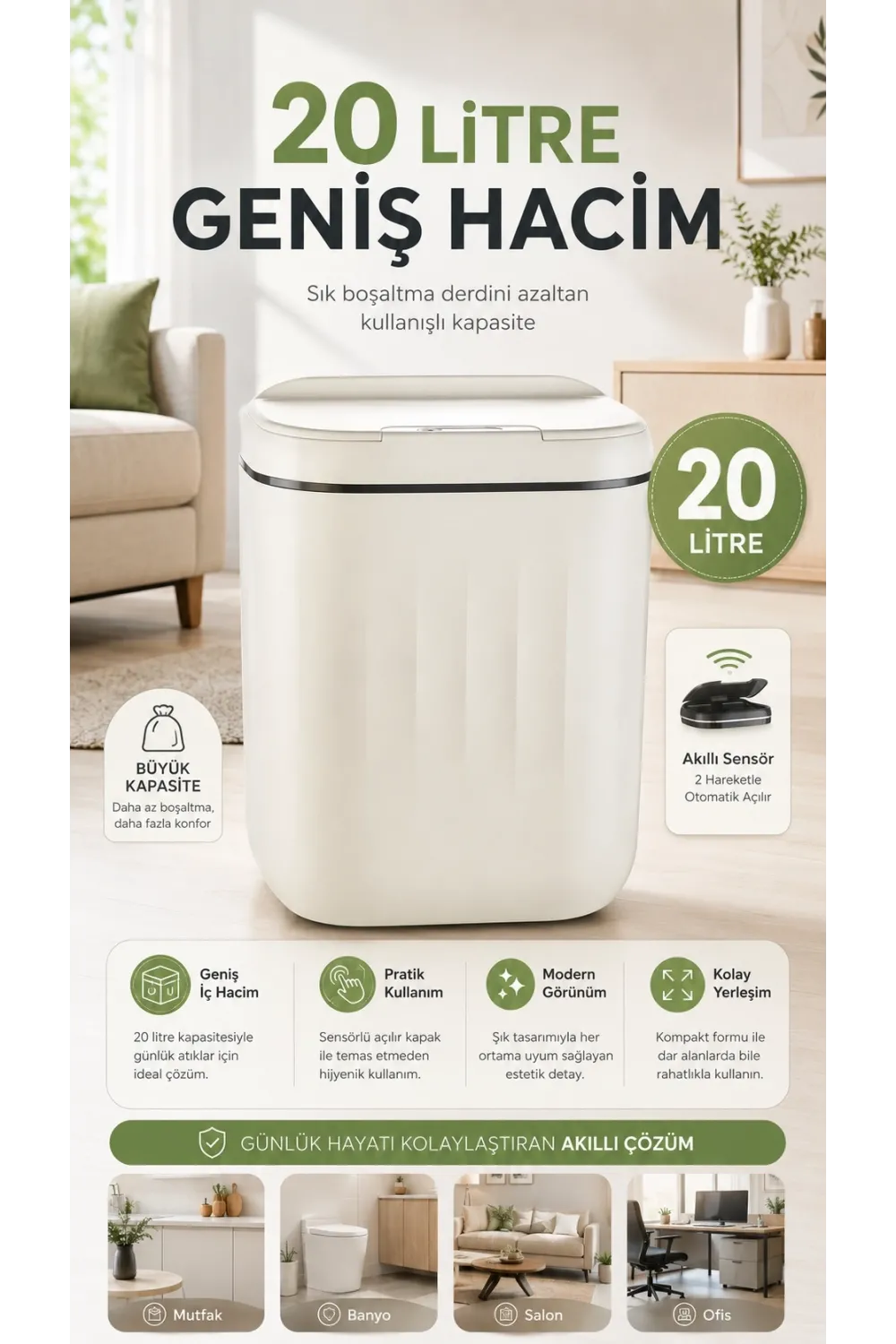 Hareket Sensörlü Büyük 20l Çöp Kovası Uv Işıklı