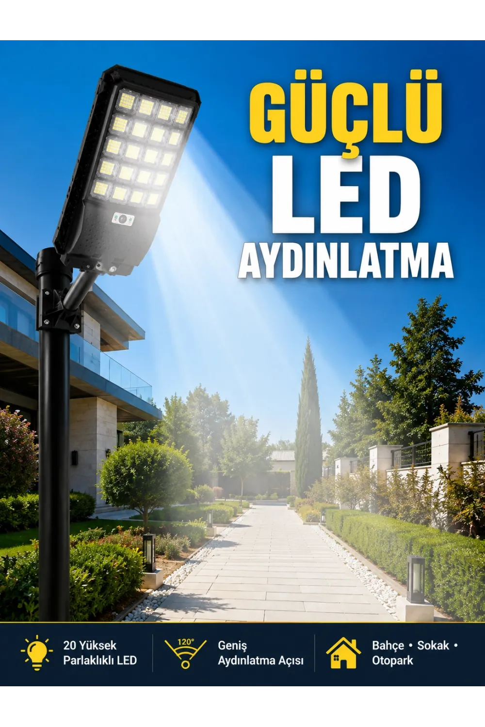 Hareket Sensörlü Solar Led Aydınlatma 3 Modlu Uzaktan Kumandalı Bahçe Lambası
