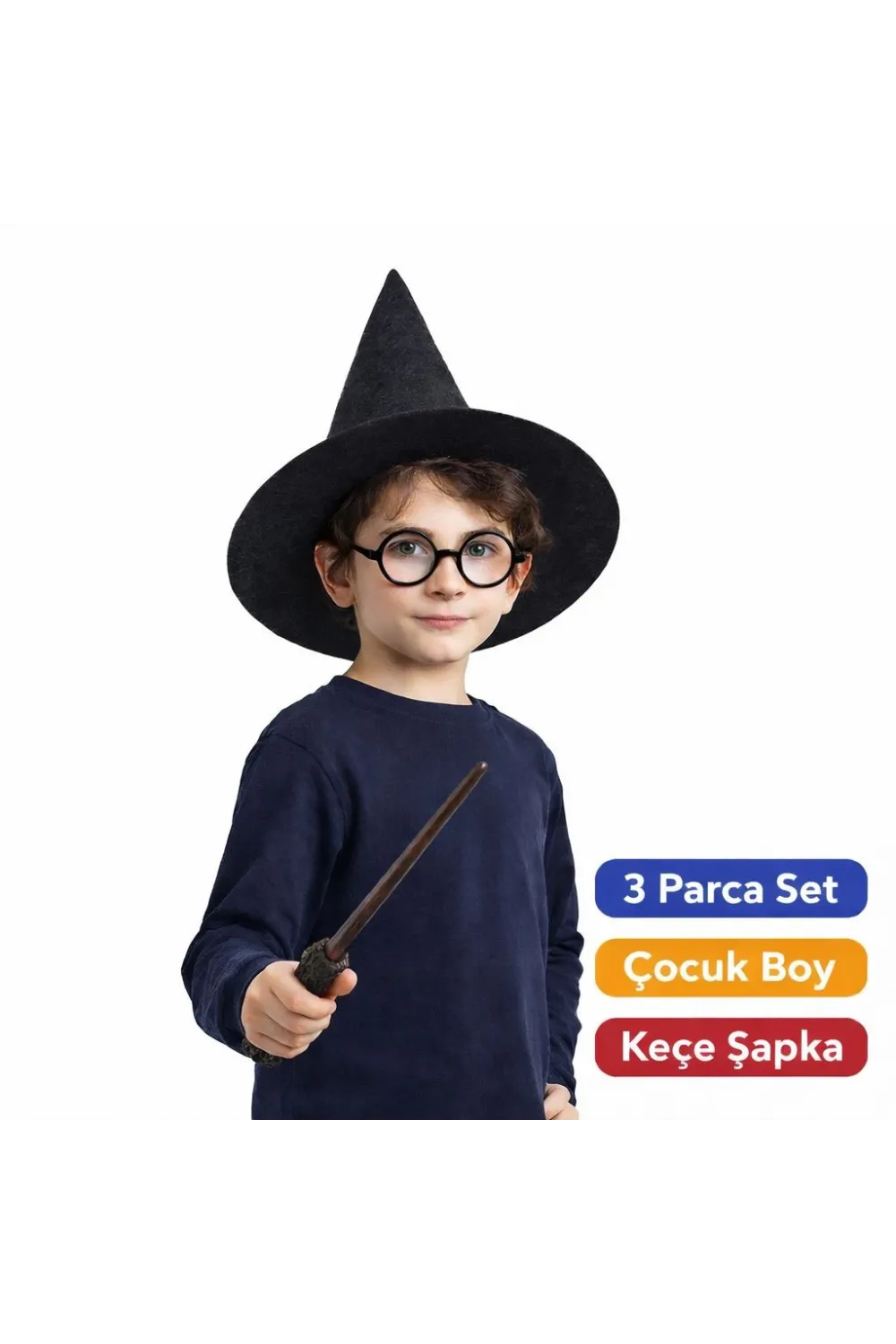 Harry Potter Tarzı Çocuk Seti (Siyah Keçe Şapka, Asa, Gözlük)