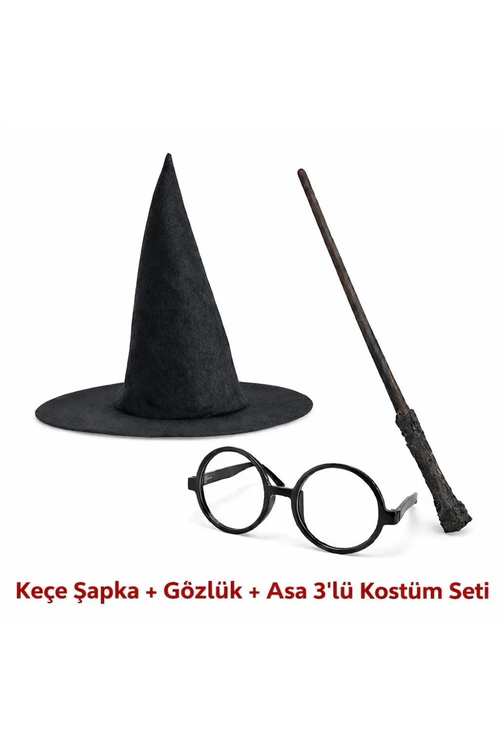 Harry Potter Tarzı Çocuk Seti (siyah Keçe Şapka, Asa, Gözlük)