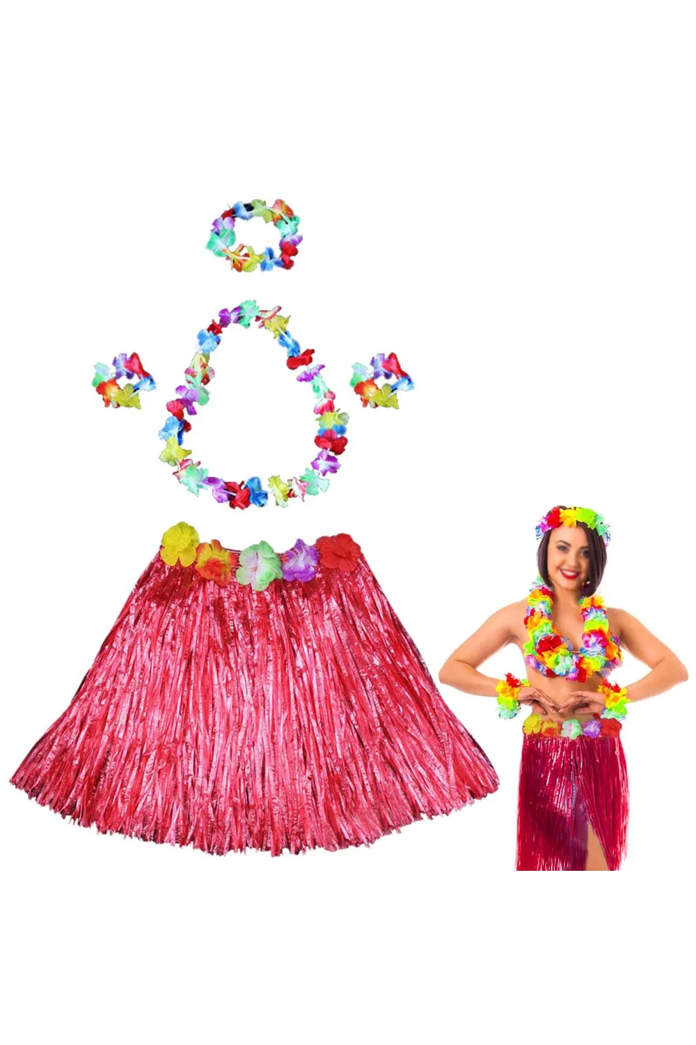 Hawaii Dans Kostümü – Kırmızı Hula Etek & Çiçek Kolye Seti