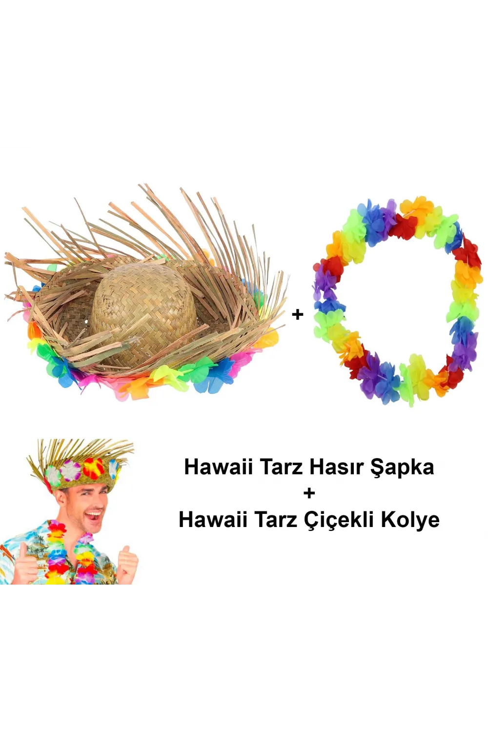 Hawaii Tarzı Tropikal Çiçekli Hasır Şapka ve Çiçekli Hawaii Kolye