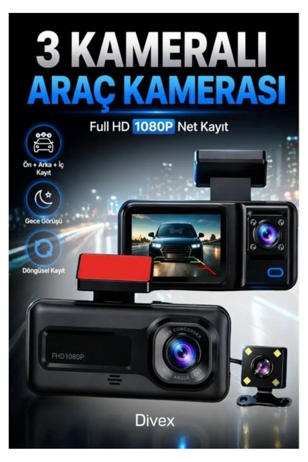 Hd 3 Kameralı Araç Kamerası Ön Arka İç Kayıt Gece Görüşlü G Sensörlü Geniş Açılı