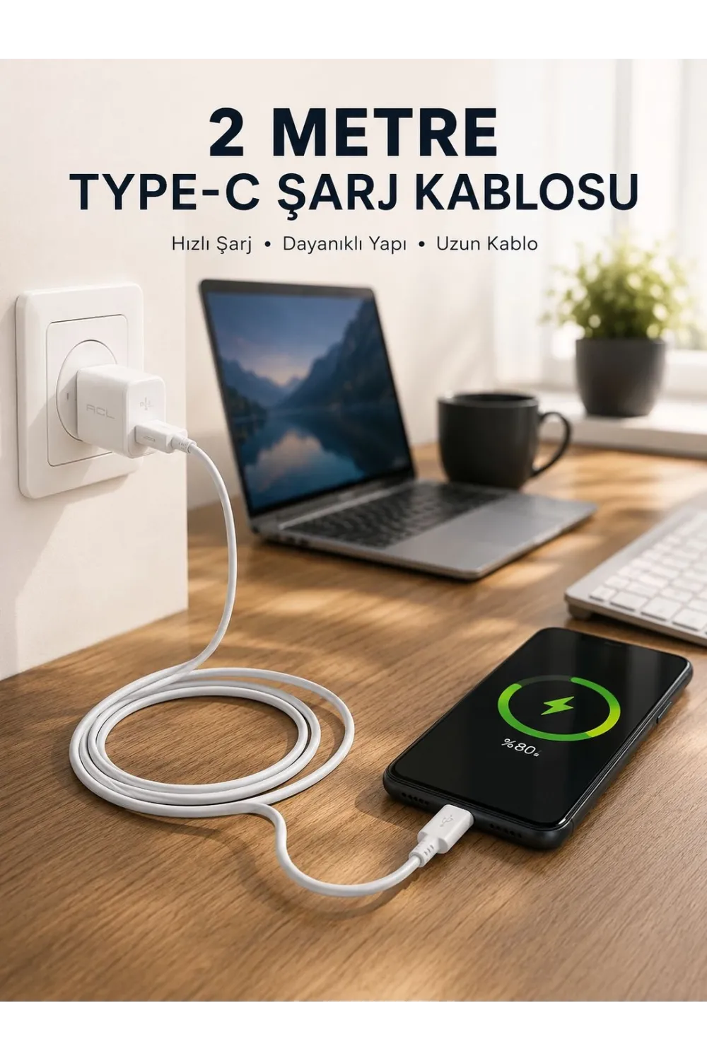 Hızlı Şarj Destekli 2 Metre Type-c Kablo