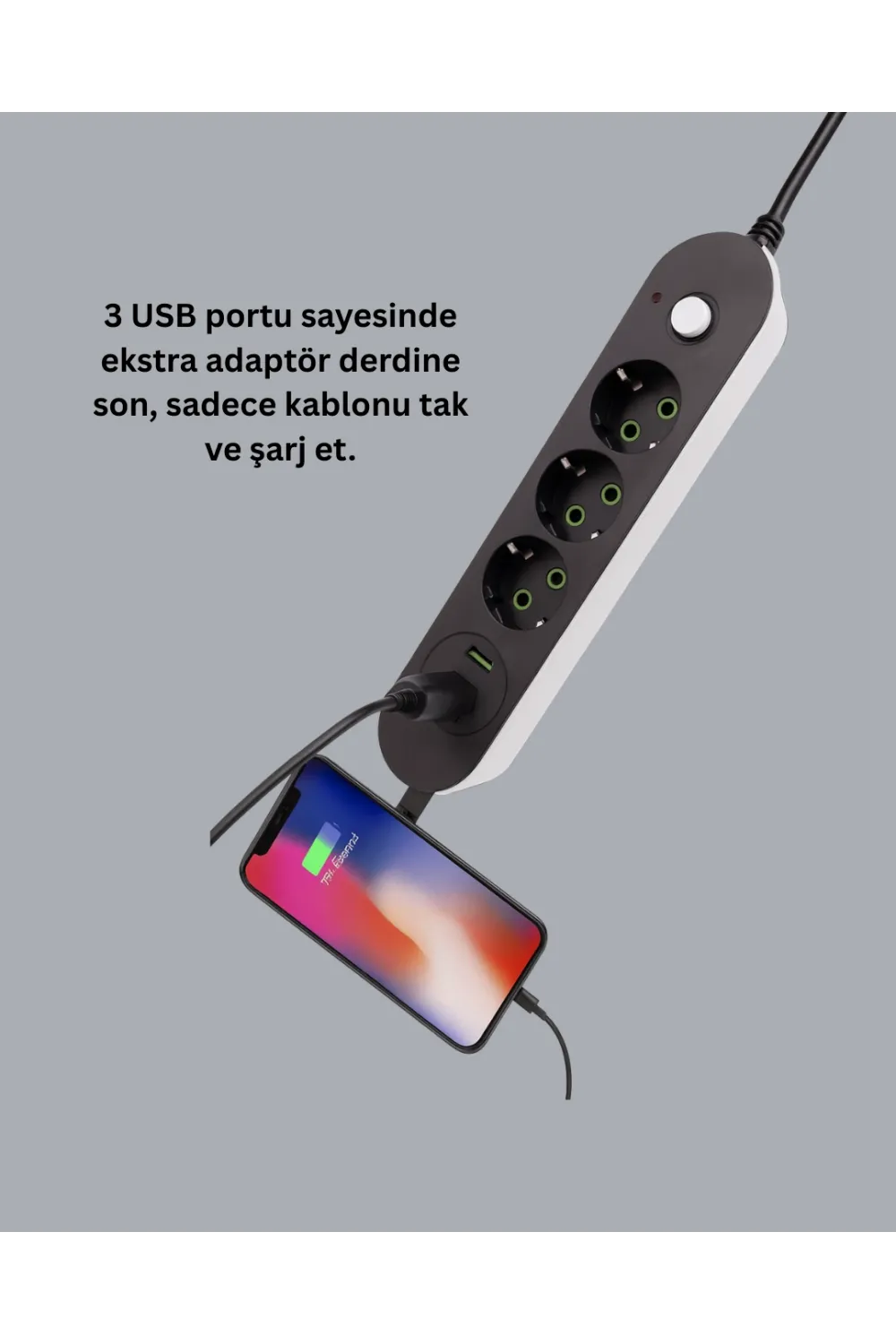 Hızlı Şarj Özellikli 3 Usb Girişli Üçlü Priz