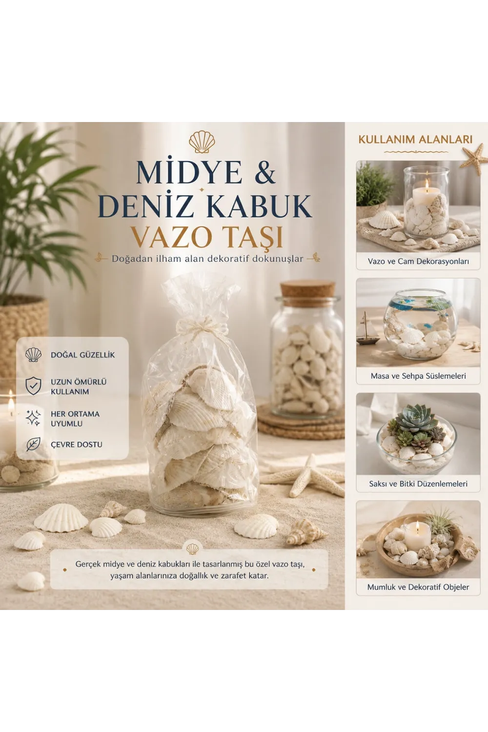 İbico İ12-252 ( Poşetli ) ( Renkli Mix ) Midye & Deniz Kabuk Vazo Taşı*50