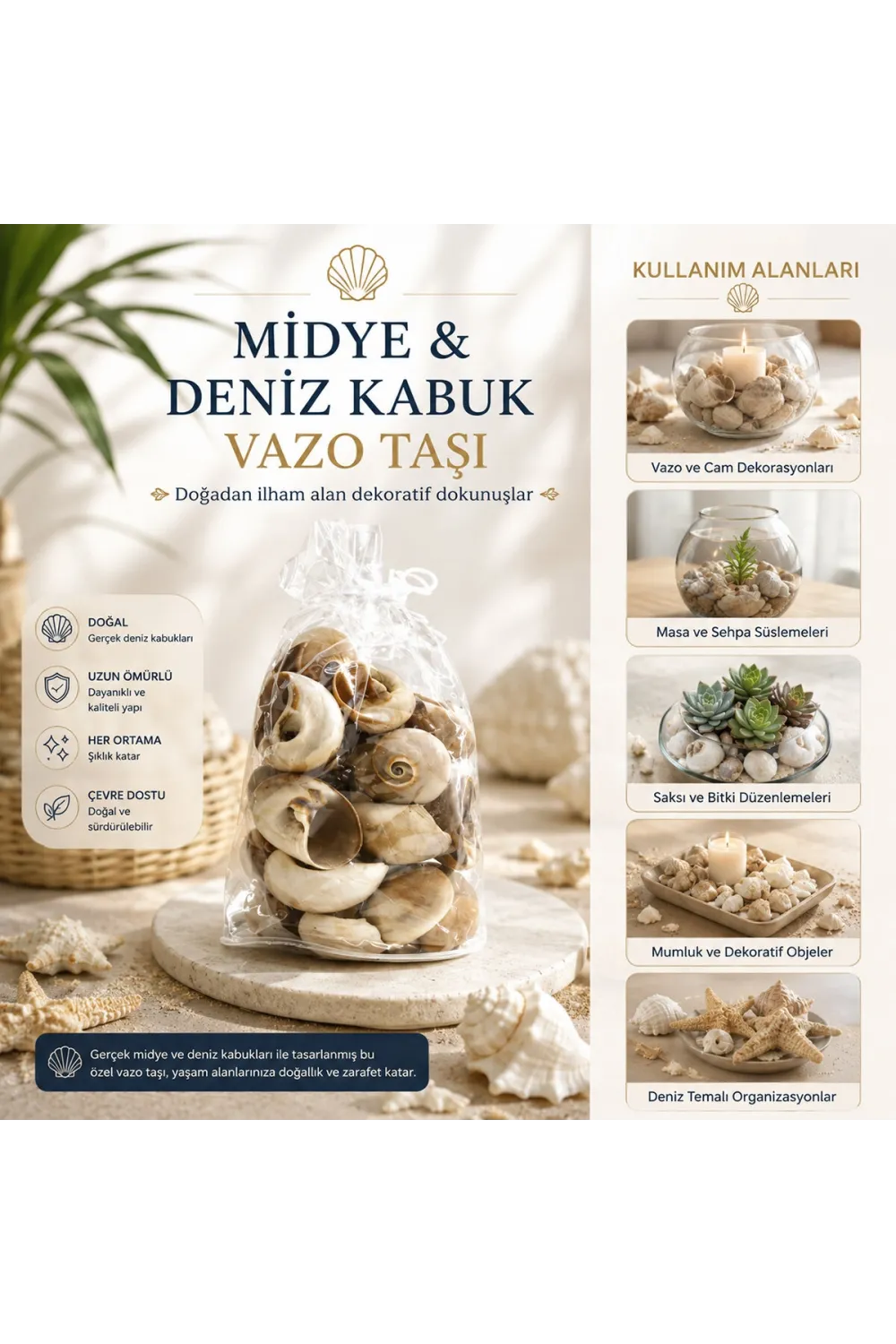 İbico İ12-252 ( Poşetli ) ( Renkli Mix ) Midye & Deniz Kabuk Vazo Taşı*50