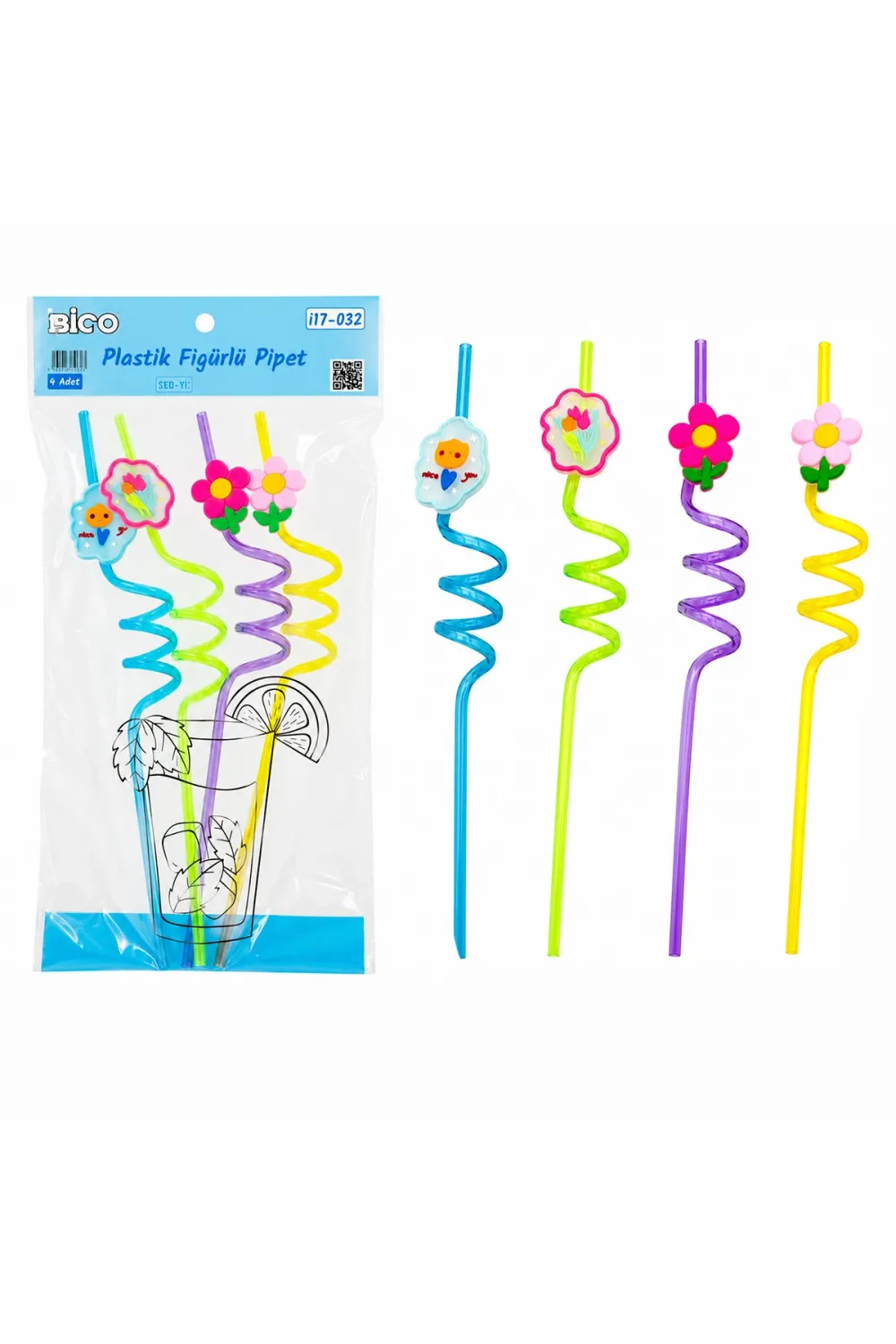 İbico İ17-032 ( 4pcs ) ( Kıvrımlı & Renkli Plastik ) Pipet ( Figürlü=mix )*240
