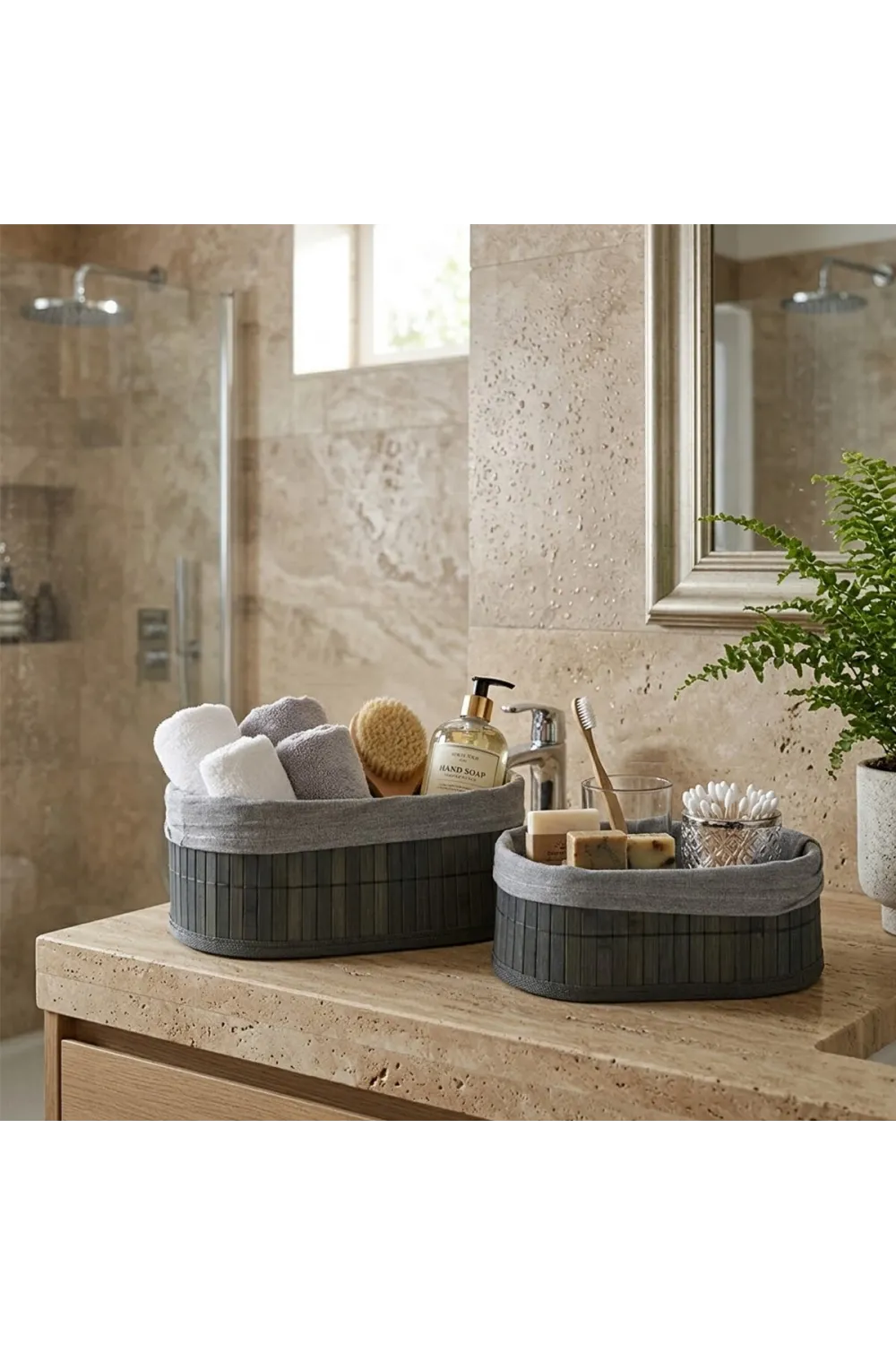 İbico İ22-331 ( Gri ) ( 2 Boy ) ( Oval ) ( Bambu Kenar ) Organizer Sepet ( Ahşap Altlık & Bezli ) ( 21x14-25x16cm )*36