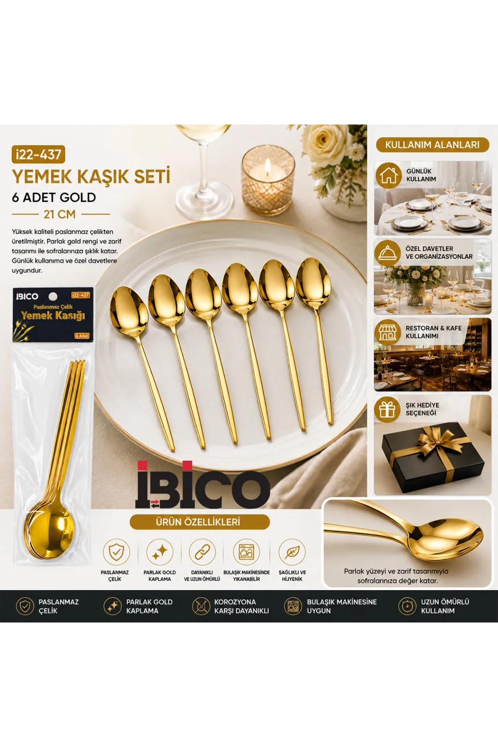 İbico İ22-437 ( 6pcs ) ( Gold ) Yemek Kaşık Seti ( 21cm )*10x10