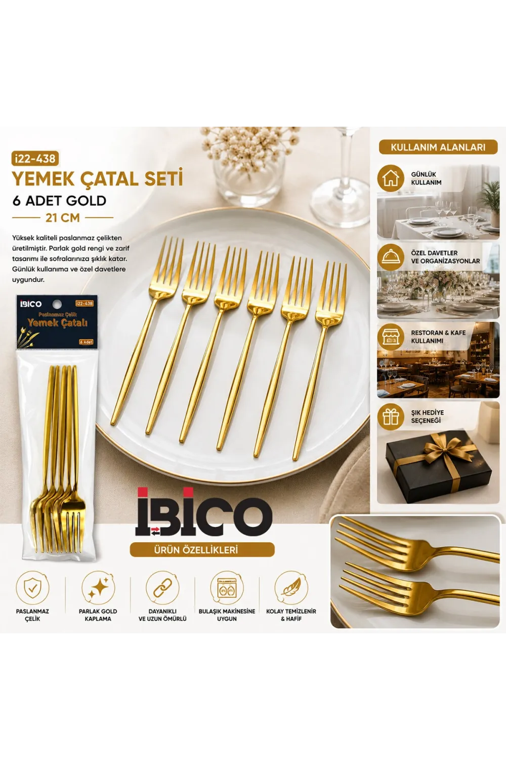 İbico İ22-438 ( 6pcs ) ( Gold ) Yemek Çatal Seti ( 21cm )*10x10