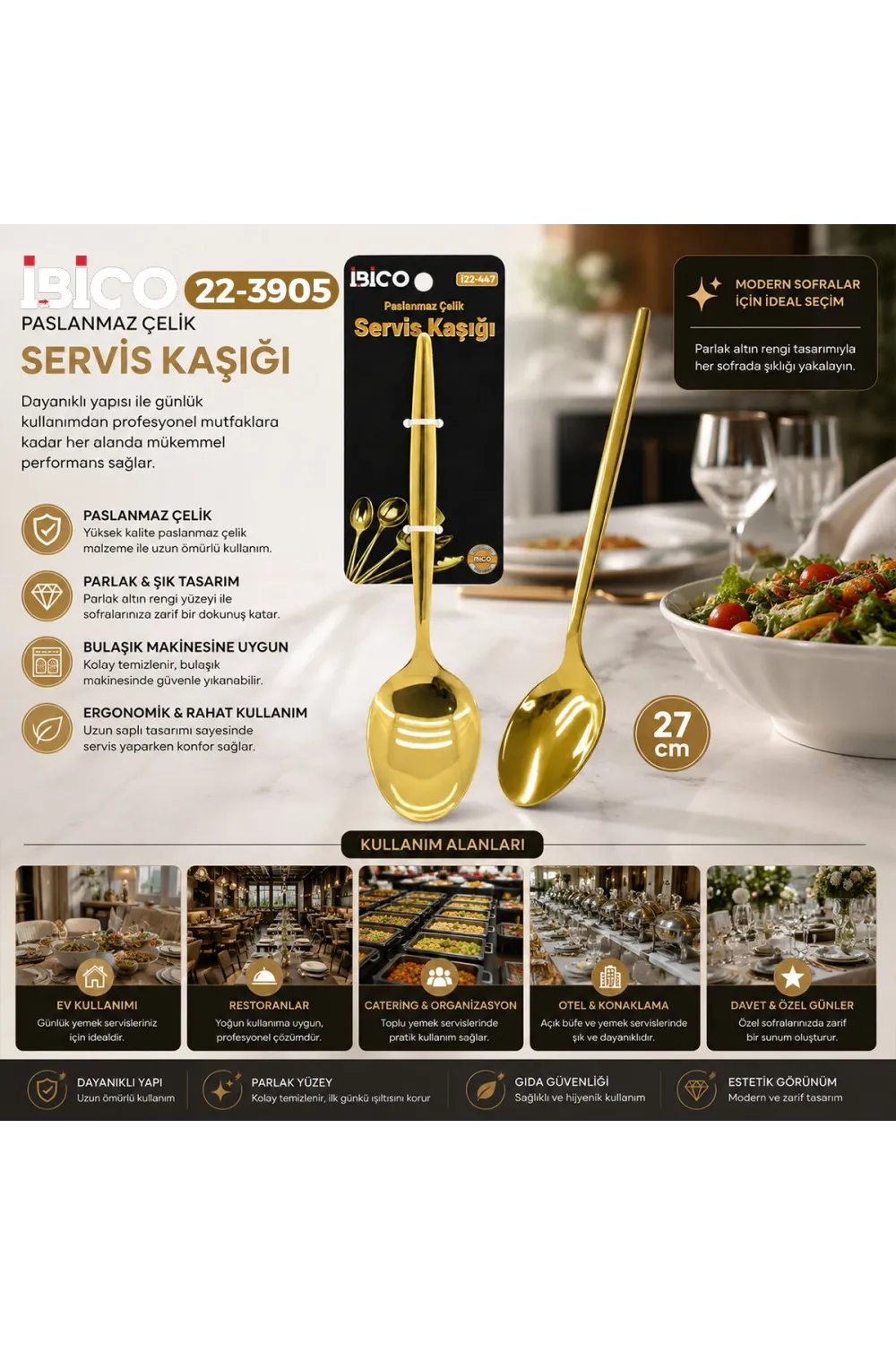 İbico İ22-447 ( 27cm ) ( Altın & Gold ) ( Metal ) ( Servis Kaşık )*12x10
