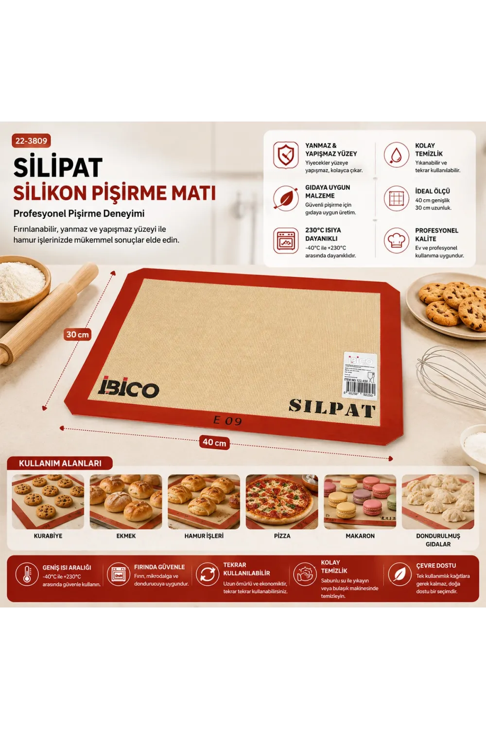 İbico İ22-458 E-09 ( Silpat ) Fırın Pişirme Matı 30x40cm*200