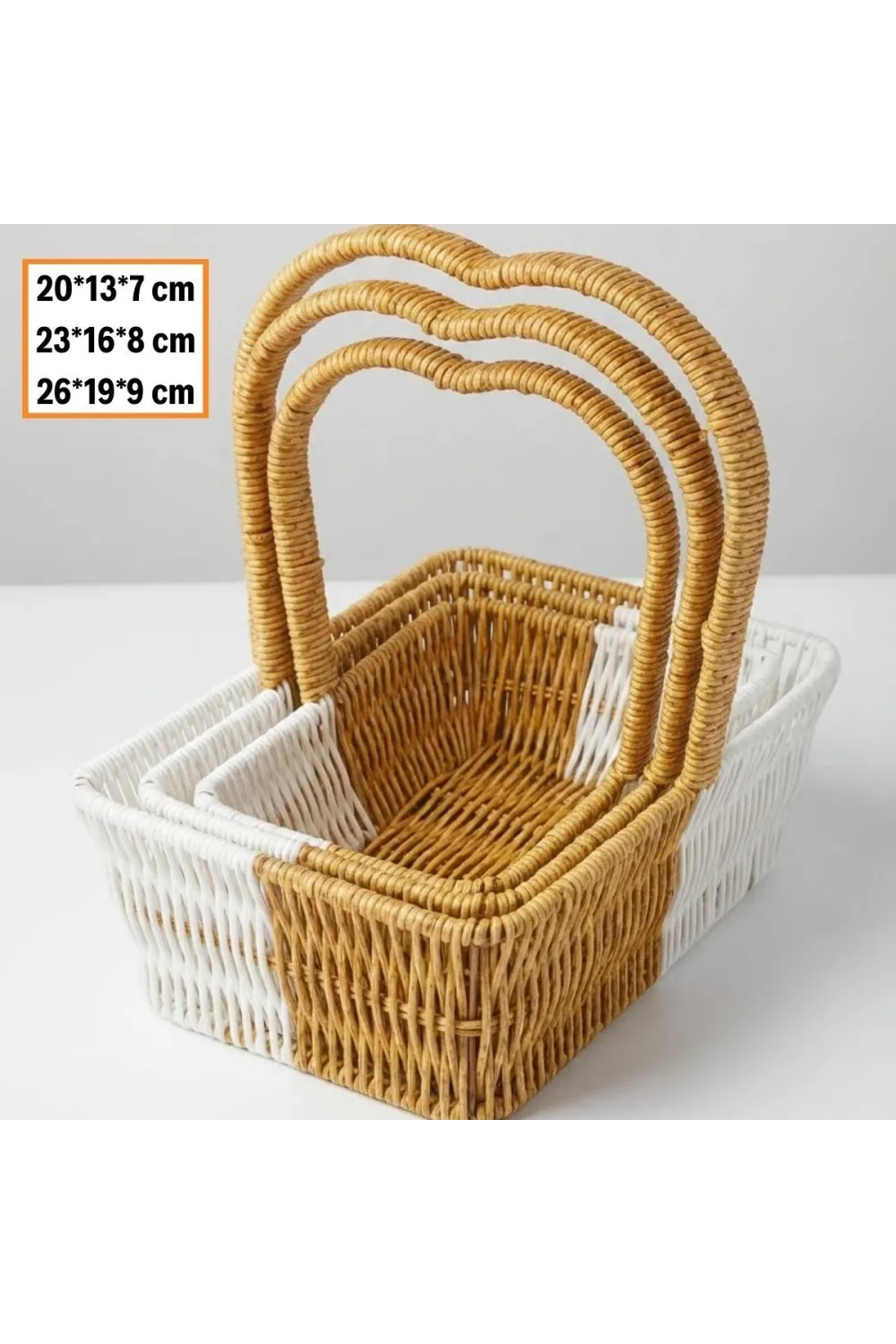 İç İçe Geçebilen 3’lü Çift Renkli Dikdörtgen Formlu Kalp Saplı Plastik Rattan Sepet Seti – Hasır Görünümlü Çok Amaçlı Organizerler