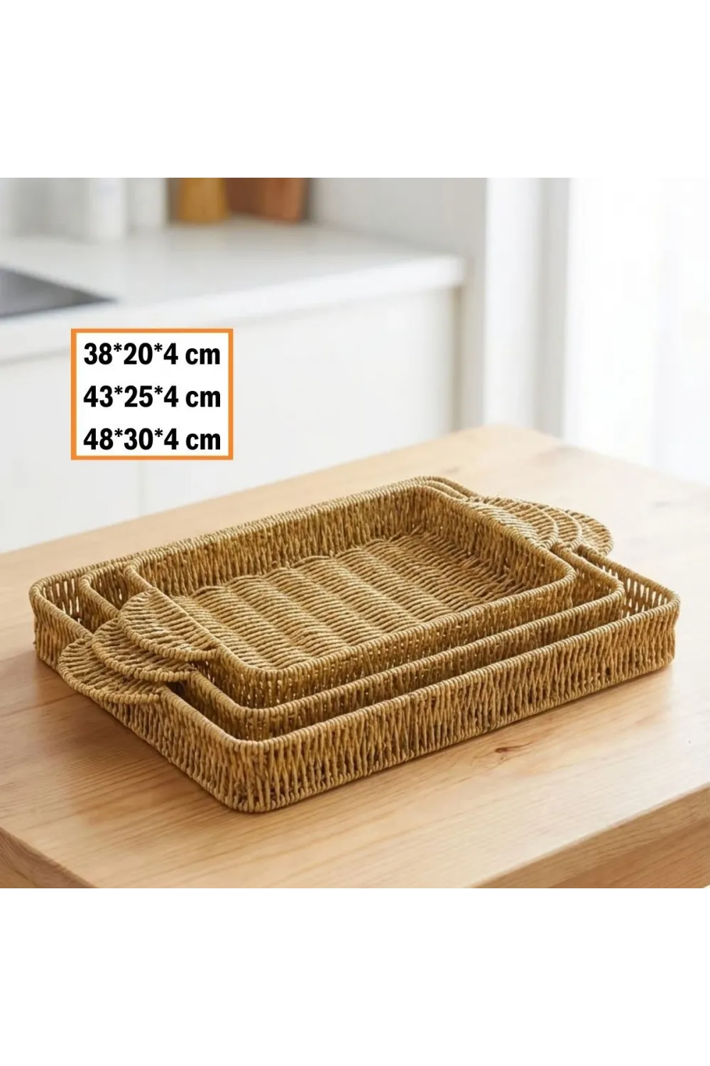 İç İçe Geçebilen 3’lü Dikdörtgen Plastik Rattan Tepsi Seti–hasır Görünümlü Çok Amaçlı Servis Ve Sunum Tepsileri