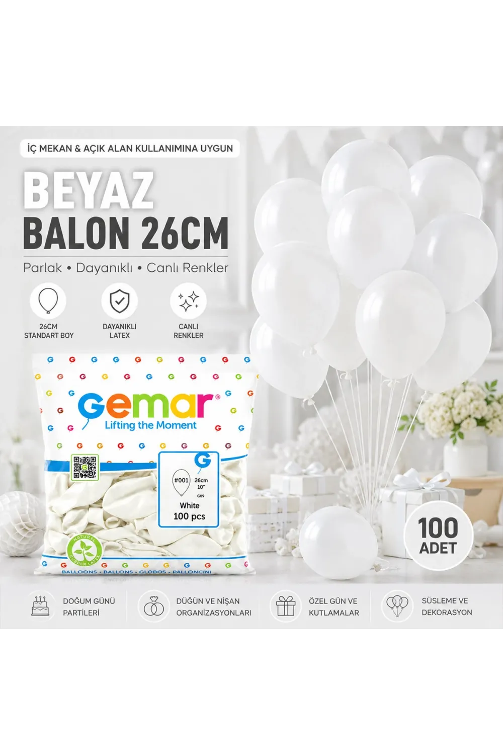 İç Mekan - Beyaz Balon 10 Inc - 26cm - 100pcs