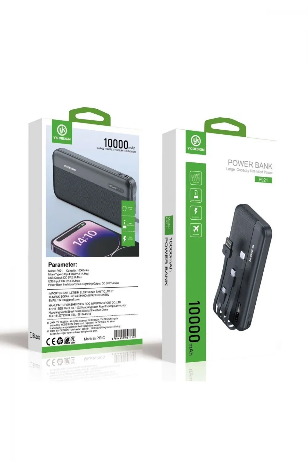 10000 mAh Micro Type-C USB Lightning 4 Kablolu Hızlı Kablosuz Şarj Powerbank