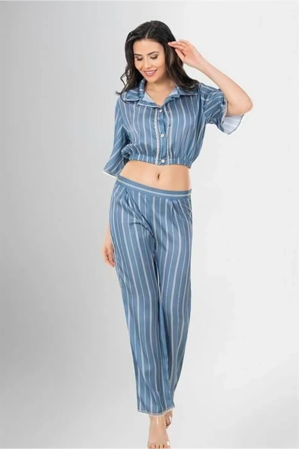 2li Desenli Saten Pijama Takımı