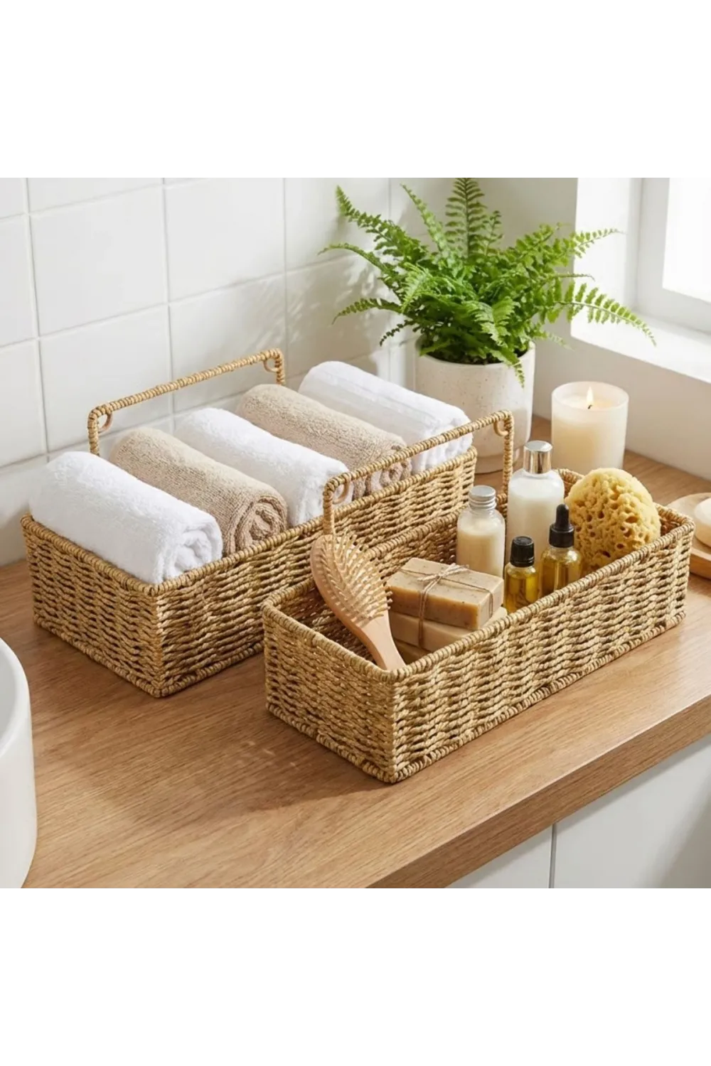 2’li Duvar Askılı Plastik Rattan Organizer – Dikdörtgen Hasır Görünümlü Mutfak Raf Sepeti, Banyo ve Ev İçi Düzenleme Ünitesi