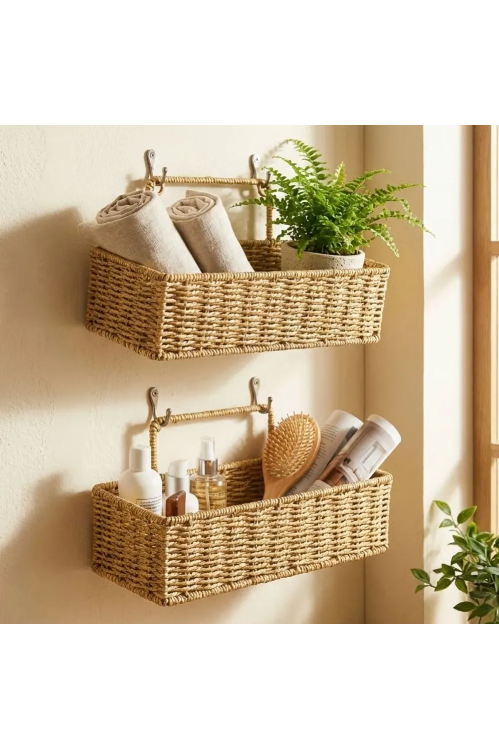 2’li Duvar Askılı Plastik Rattan Organizer – Dikdörtgen Hasır Görünümlü Mutfak Raf Sepeti, Banyo ve Ev İçi Düzenleme Ünitesi