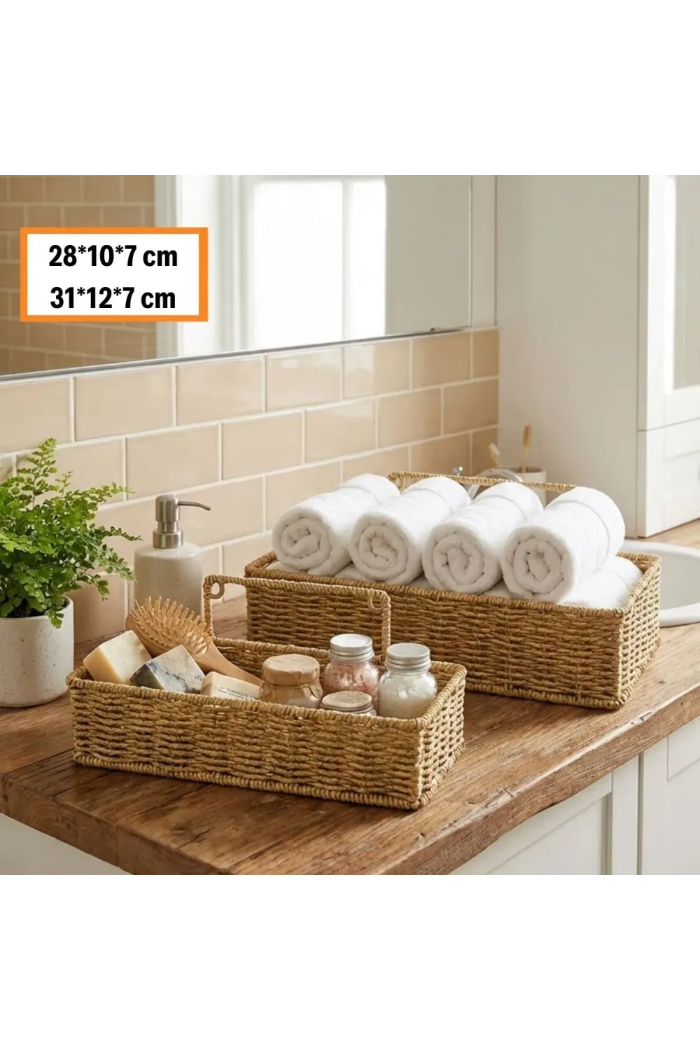 2’li Duvar Askılı Plastik Rattan Organizer – Dikdörtgen Hasır Görünümlü Mutfak Raf Sepeti, Banyo ve Ev İçi Düzenleme Ünitesi