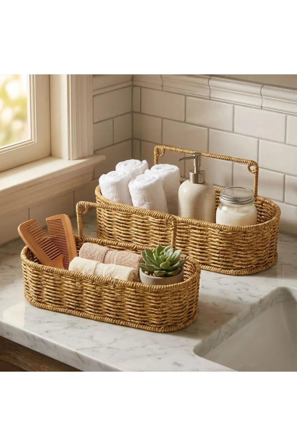 2’li Duvar Askılı Plastik Rattan Organizer – Oval Hasır Görünümlü Mutfak Raf Sepeti, Banyo ve Ev İçi Düzenleme Ünitesi
