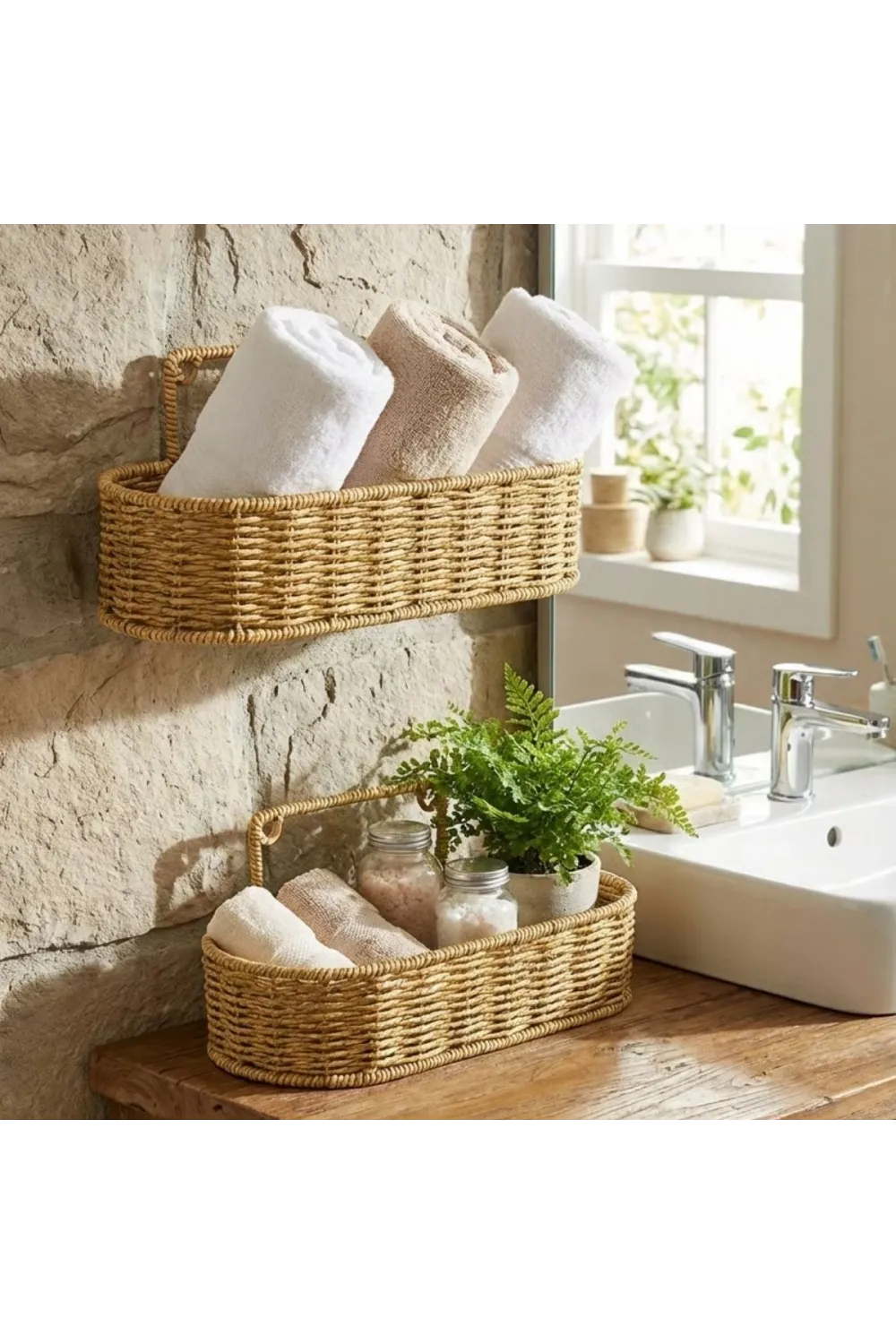 2’li Duvar Askılı Plastik Rattan Organizer – Oval Hasır Görünümlü Mutfak Raf Sepeti, Banyo ve Ev İçi Düzenleme Ünitesi