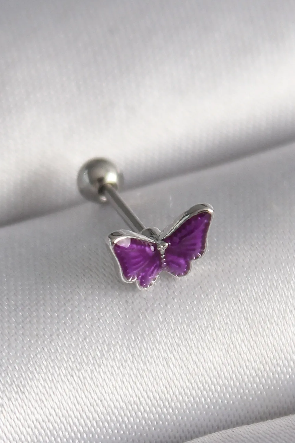 316L Çelik Gümüş Renk Mor Kelebek Model Tragus Piercing TJ-PR1287
