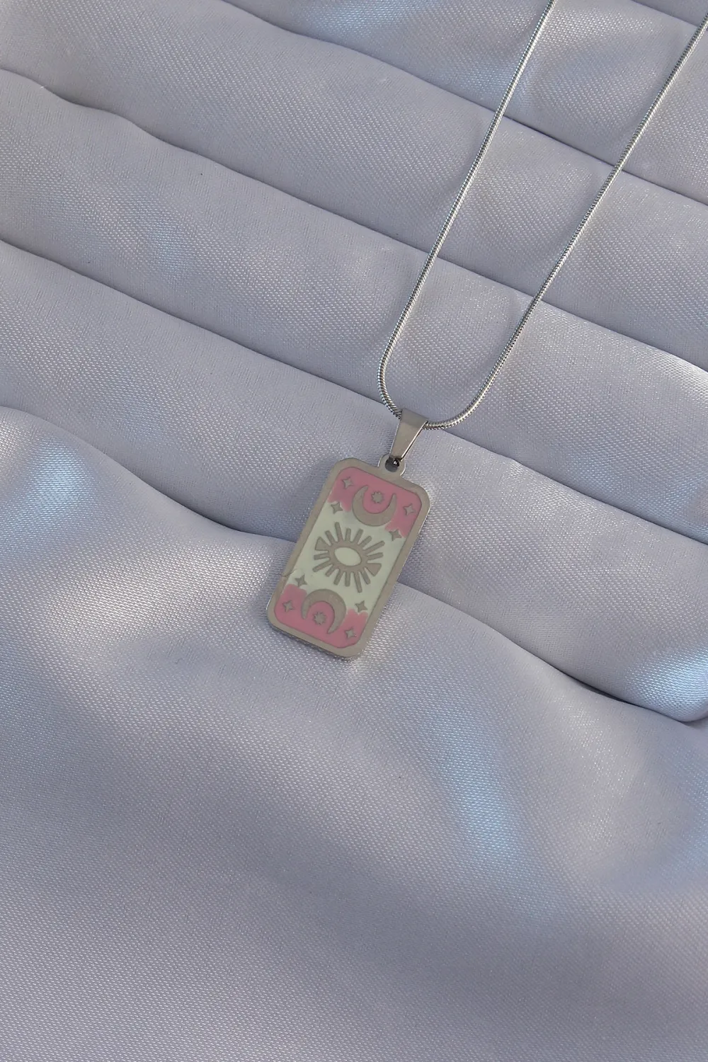 316L Çelik Gümüş Renk Pembe Mineli Ay Figür Tarot Kolye TJ-BKO9045