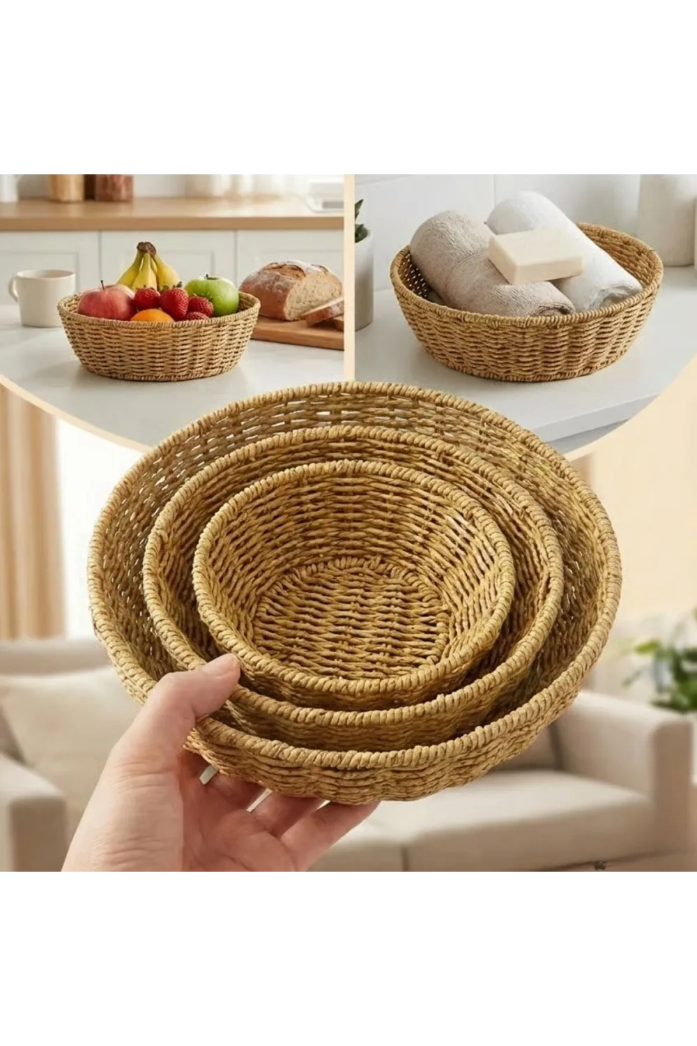 3’lü Plastik Rattan Çanak Seti – Hasır Görünümlü İç İçe Geçebilen Sunum ve Düzenleme Kaseleri, Mutfak & Masaüstü Çok Amaçlı Organizer