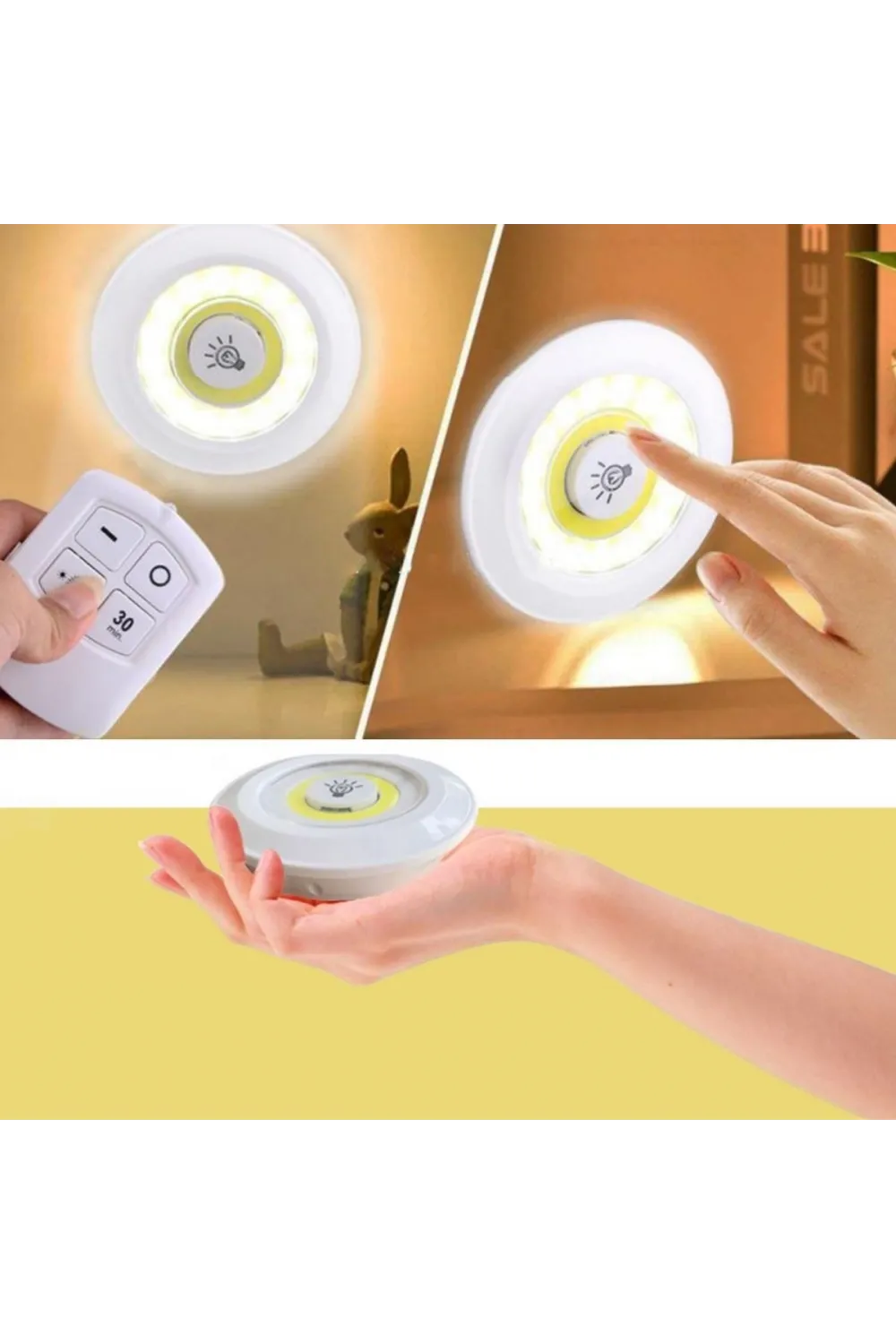 3lü Uzaktan Kumandalı Pilli Yapışkanlı Kablosuz Led Spot Lambalar