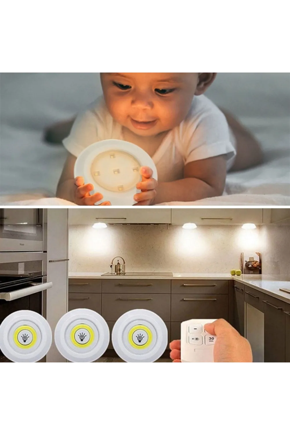 3lü Uzaktan Kumandalı Pilli Yapışkanlı Kablosuz Led Spot Lambalar