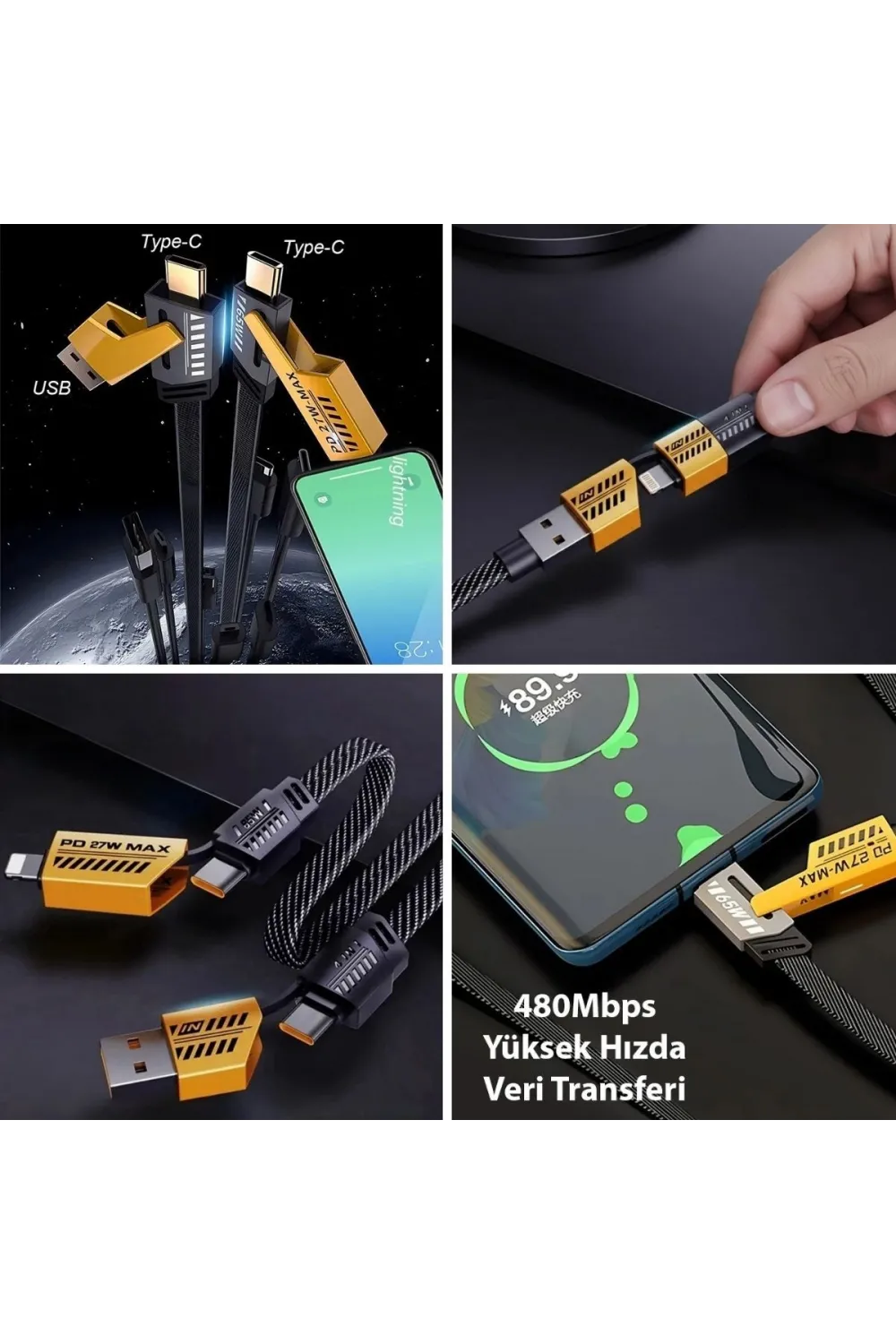 4in1 65W Hızlı Şarj Kablosu – Type-C to USB-A + Type-C to Lightning, 27W PD Destekli Çoklu Şarj Kablo