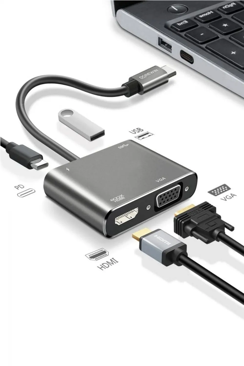 4’ü 1 Arada Type-C to Hub Dönüştürücü Adaptör – 4K Ultra HD HDMI & VGA Görüntü Aktarımı, PD Hızlı Şarj Destekli, USB Çoklayıcı