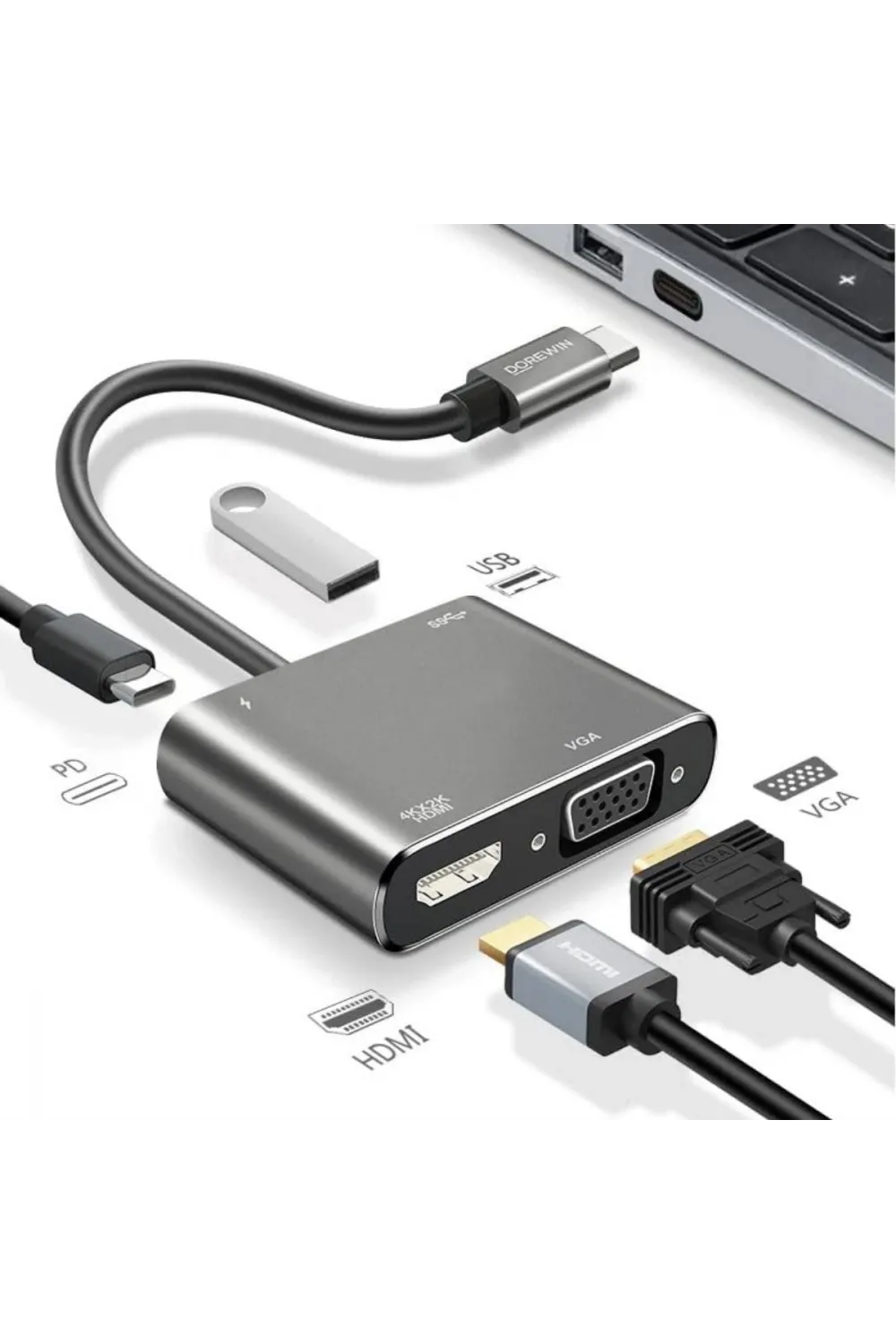 4’ü 1 Arada Type-C to Hub Dönüştürücü Adaptör – 4K Ultra HD HDMI & VGA Görüntü Aktarımı, PD Hızlı Şarj Destekli, USB Çoklayıcı
