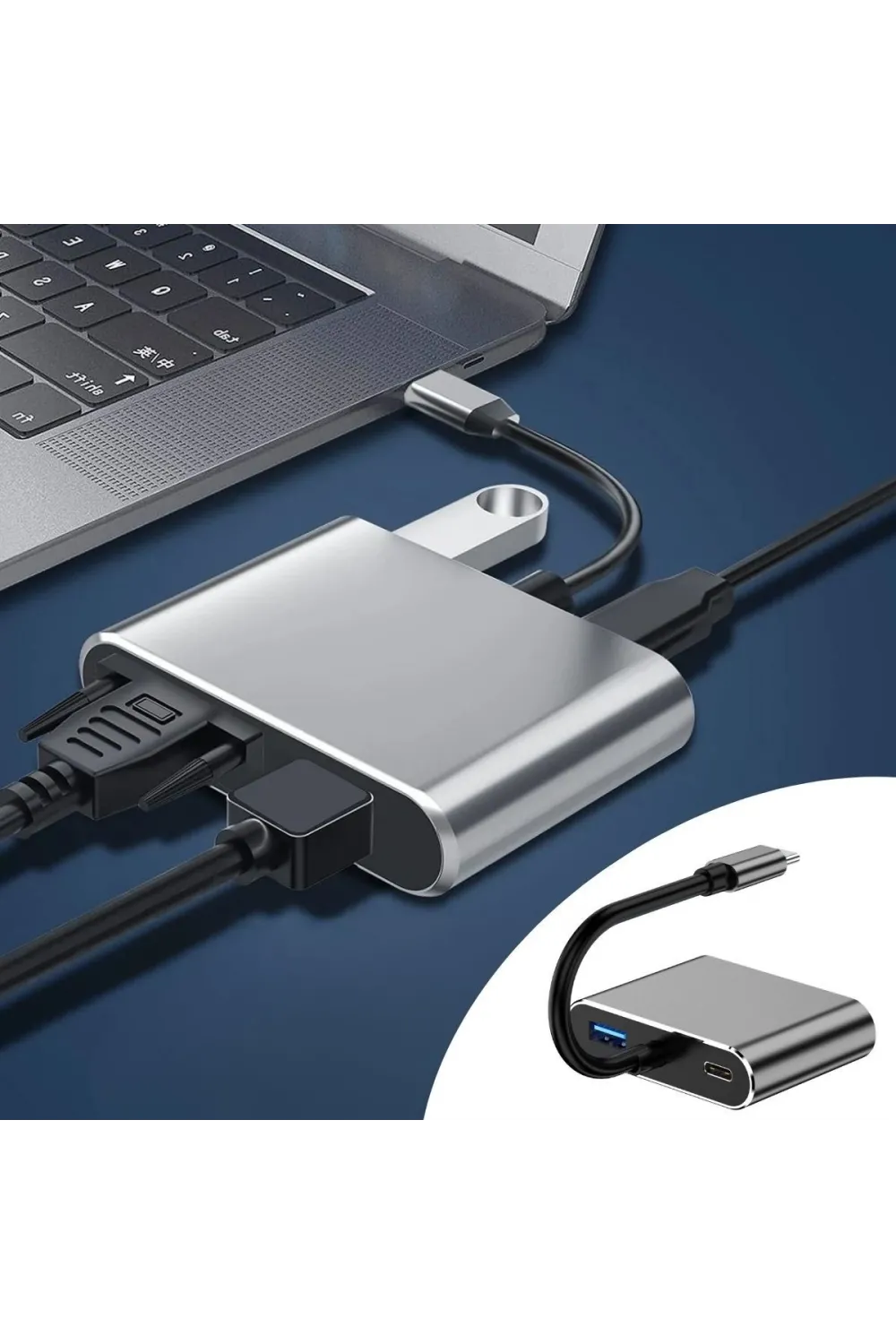 4’ü 1 Arada Type-C to Hub Dönüştürücü Adaptör – 4K Ultra HD HDMI & VGA Görüntü Aktarımı, PD Hızlı Şarj Destekli, USB Çoklayıcı