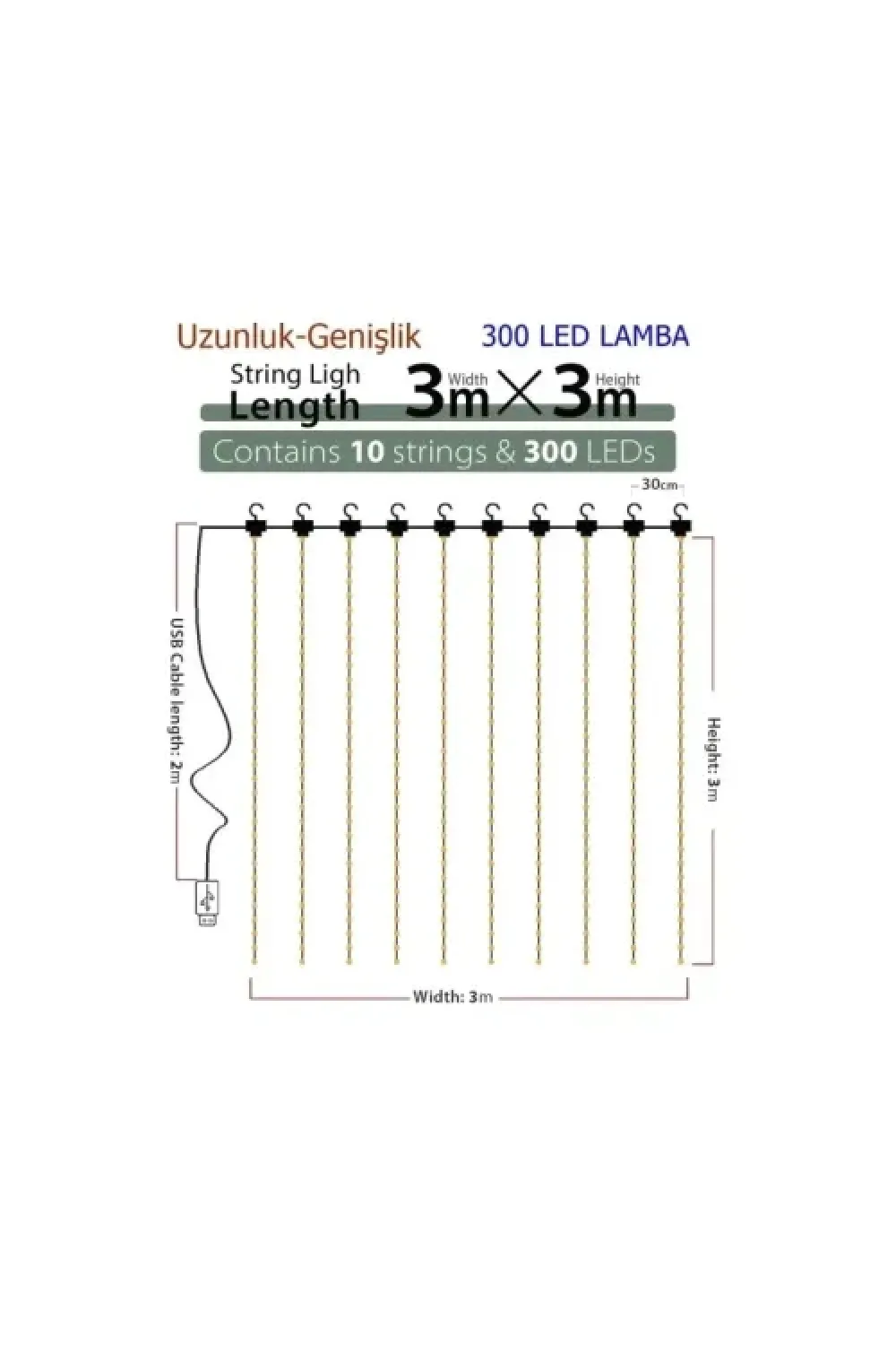 8 Fonksiyonlu Uzaktan Kumandalı Peri Perde Led - 3x3 Metre Günışığı