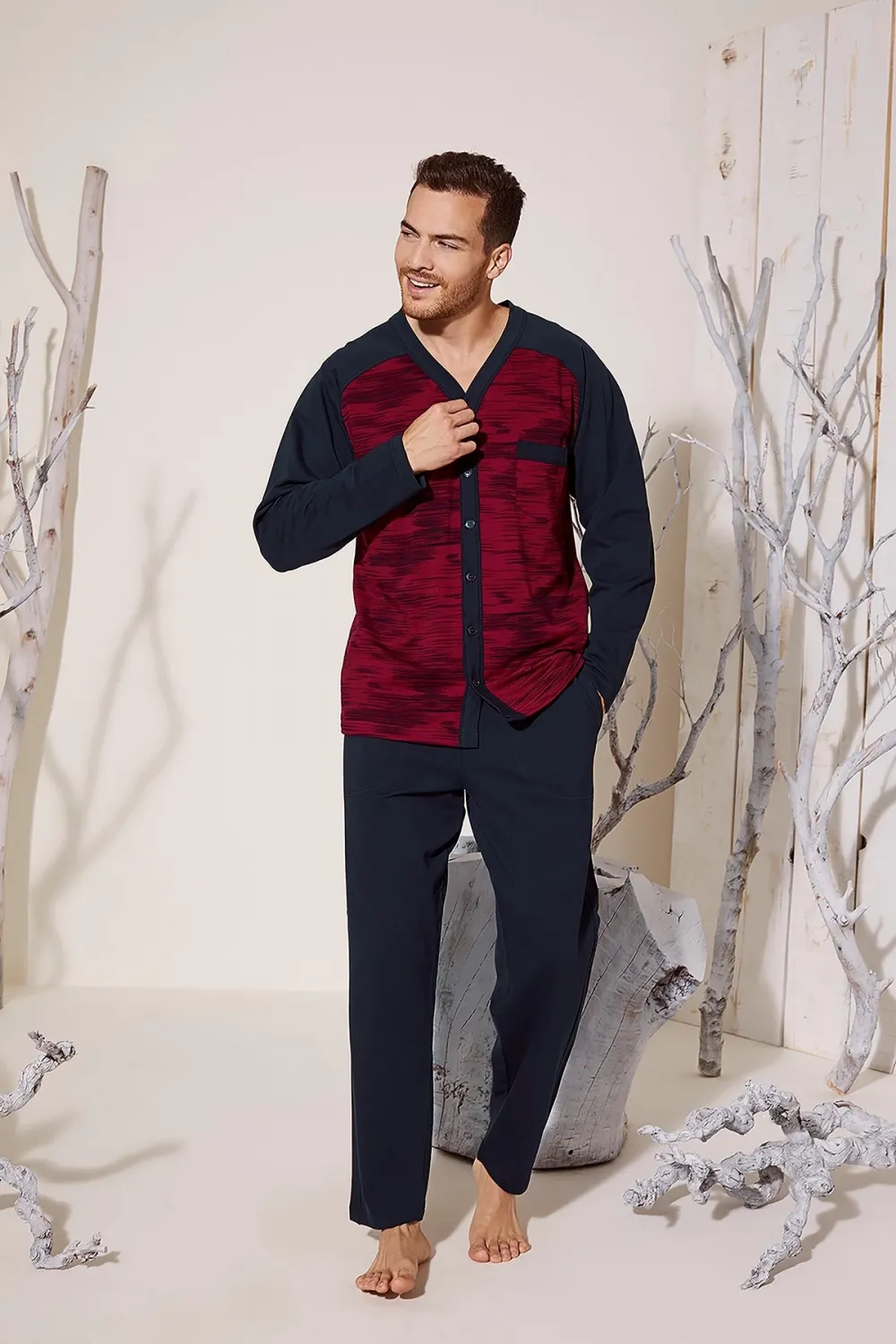 ieg™  8025 Erkek  V Yaka Boydan Düğmeli Pijama Takımı