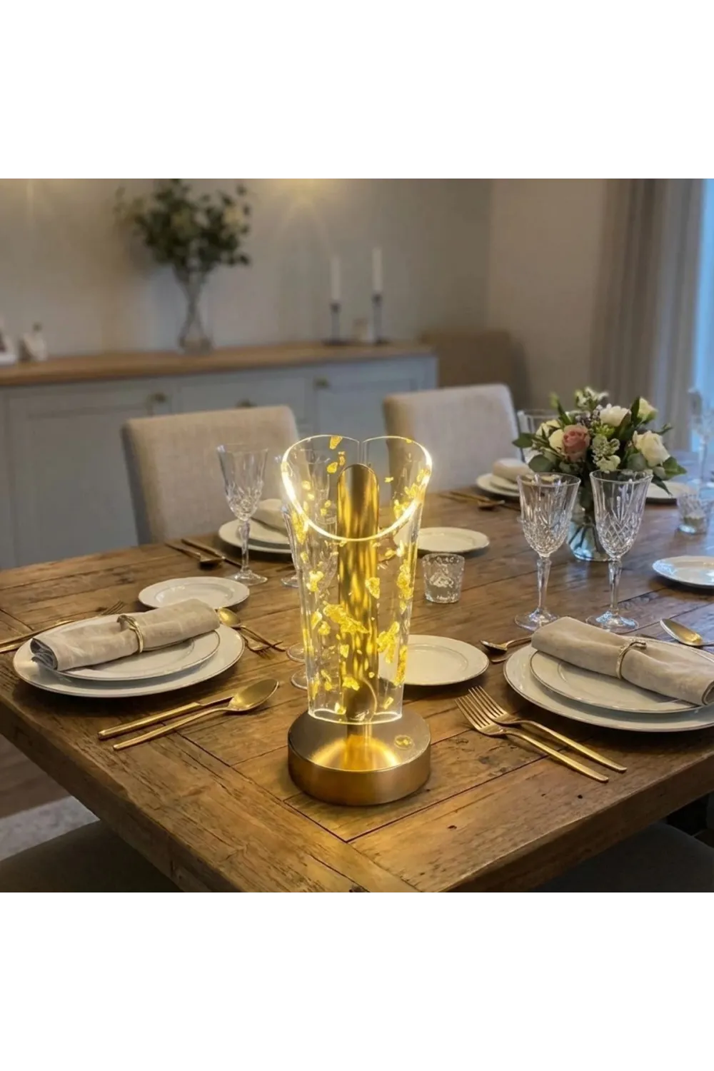 Açık Silindirik Kristal Altın Toz Model LED Masa Lambası – Gold Tabanlı, Dokunmatik, 3 Renk Işık Modlu, Şarjlı Modern Dekoratif Gece Lambası