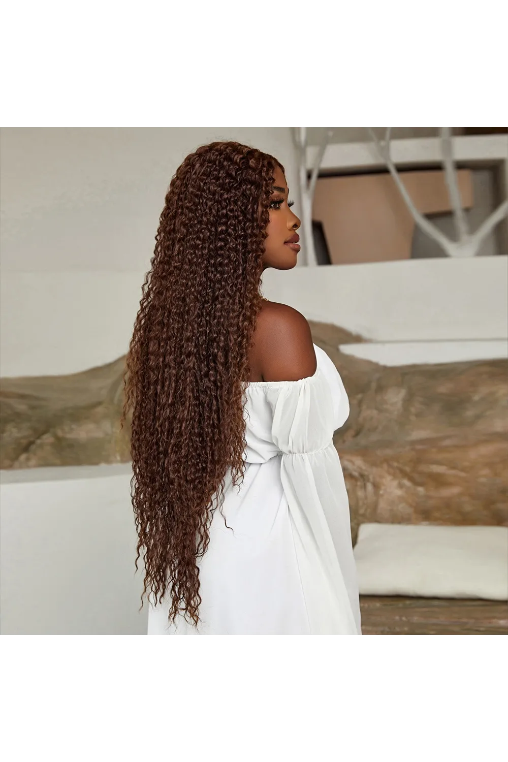 Afro Dalga Fiber Sentetik Tül Peruk - Açık Kahve