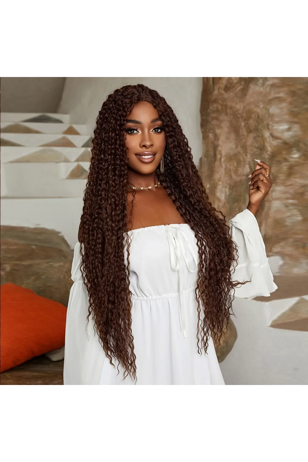 Afro Dalga Fiber Sentetik Tül Peruk - Açık Kahve