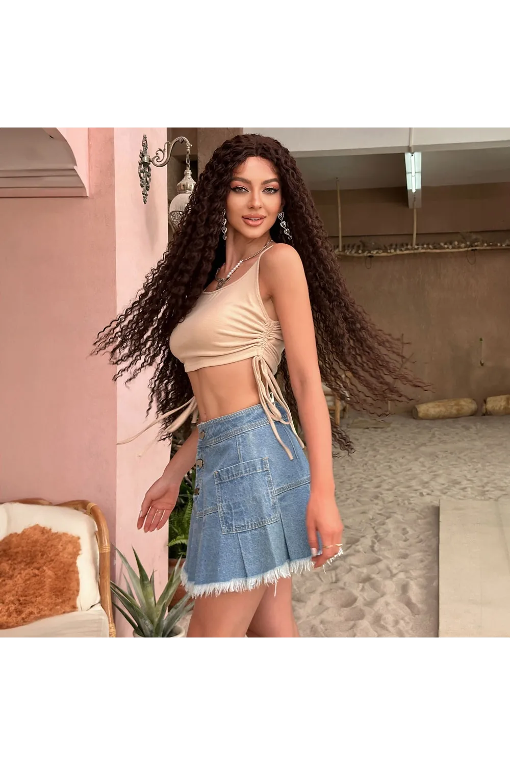 Afro Dalga Fiber Sentetik Tül Peruk - Kahverengi