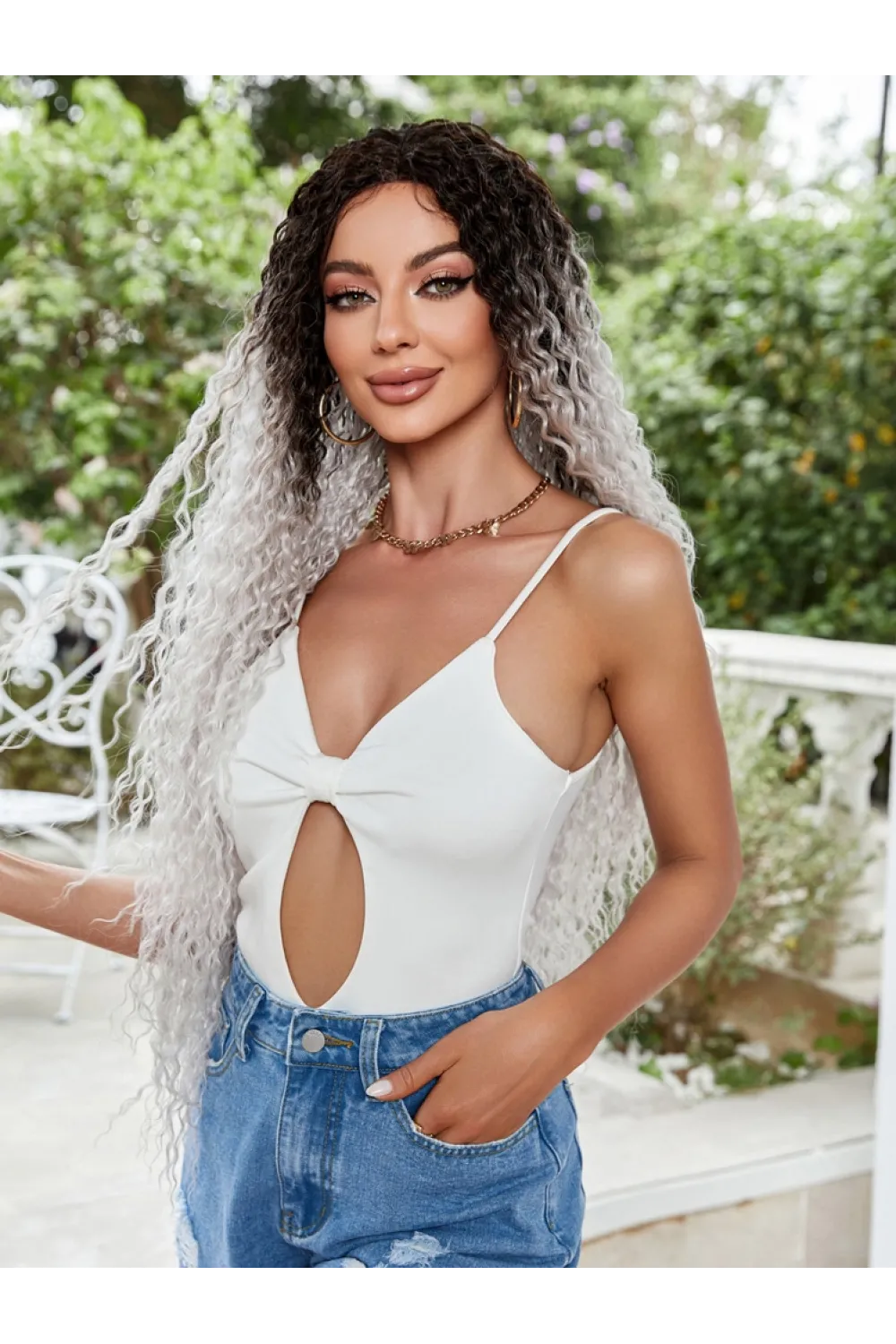 Afro Dalga Fiber Sentetik Tül Peruk - Siyah / Gri Ombreli